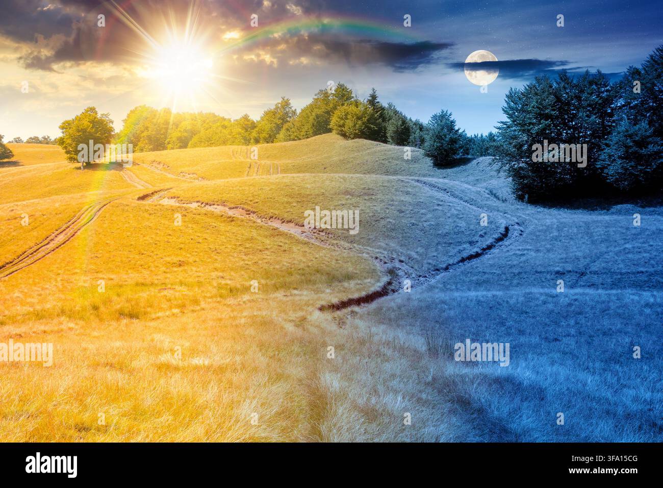 mountainous countryside landscape in late summer at night. full moon over alpine meadow and beech forest on top of a hill. mountain ridge in the dista Stock Photo