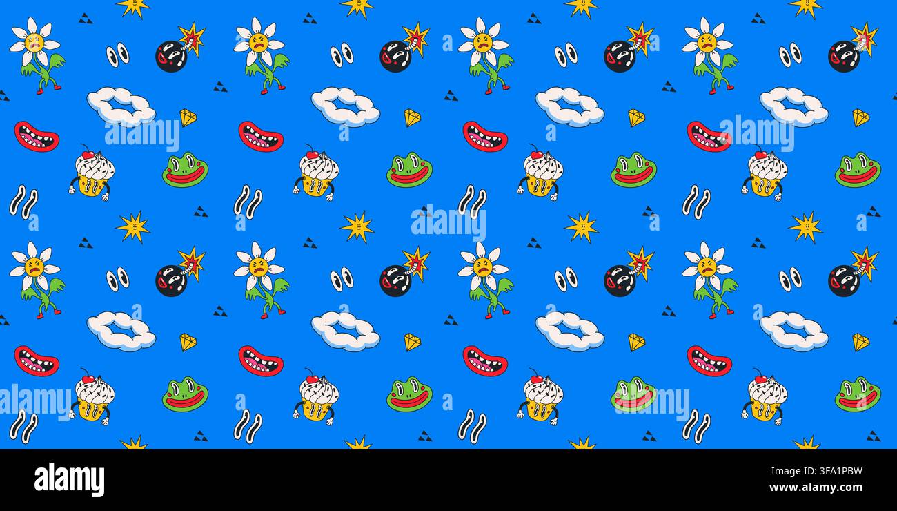 Cartoon vector funny cute Comic characters, seamless pattern. Stock Vector