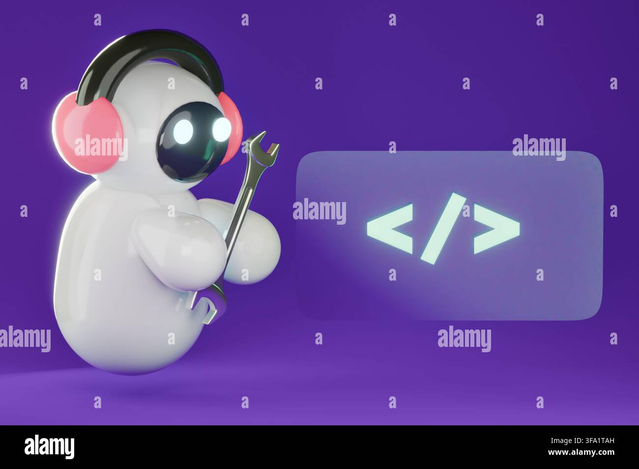 3D AI developer support concept, cute glossy plastic robot with chrome wrench fixing programming code icon on purple background Stock Photo