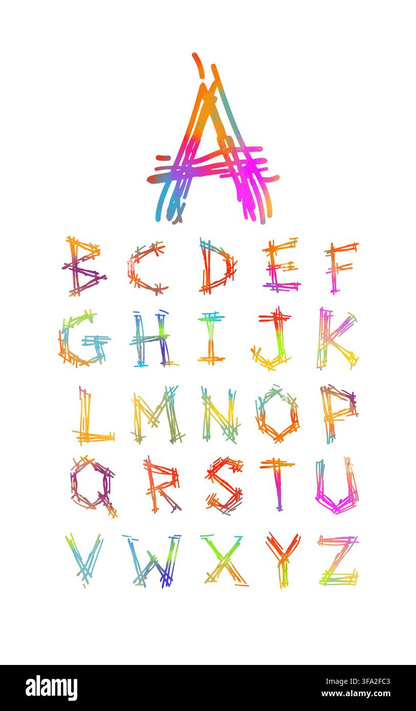 Hand drawn colored Alphabet with dashes Not AI, vector illustration. Stock Vector