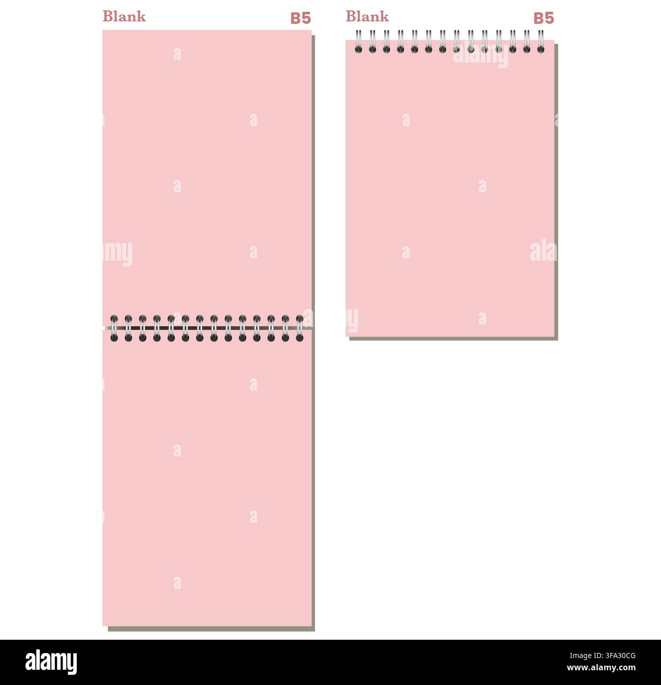 Set of pink blank B5 spiral pages has black side and top coils, clean rectangular sheets, and gray shadows. Useful for journaling, lesson notes, business planning, or printable inserts Stock Vector