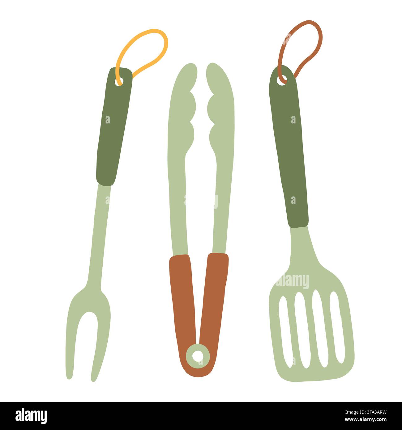 Barbecue utensil set vector illustration with fork, tongs, and spatula. Kitchen grill tools isolated on white background for outdoor summer cooking Stock Vector