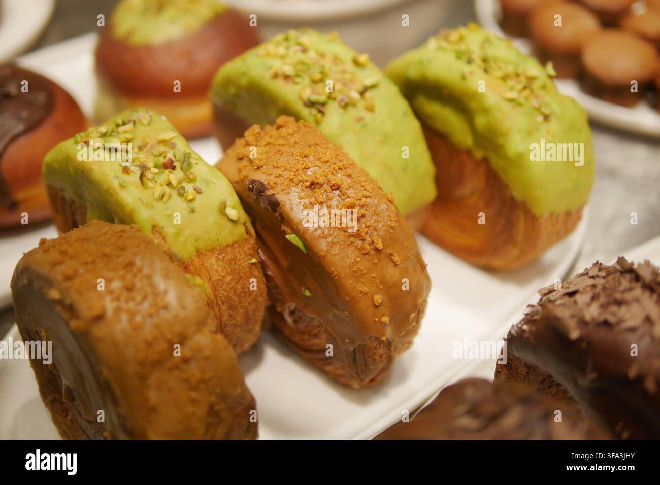 Fresh pastries on display in a bakery Stock Photo