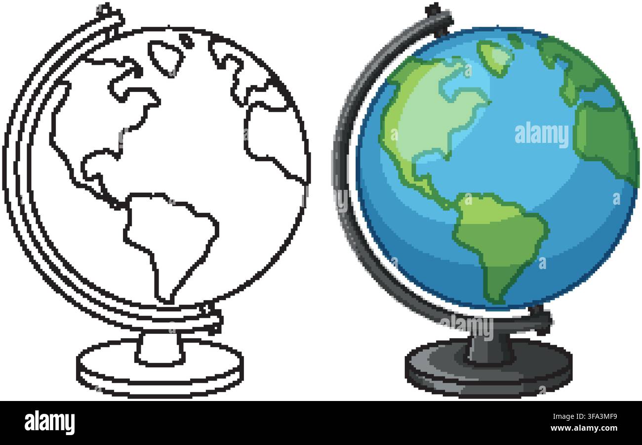 Educational world globe vector set featuring a colored version and a black line art outline. Stock Vector