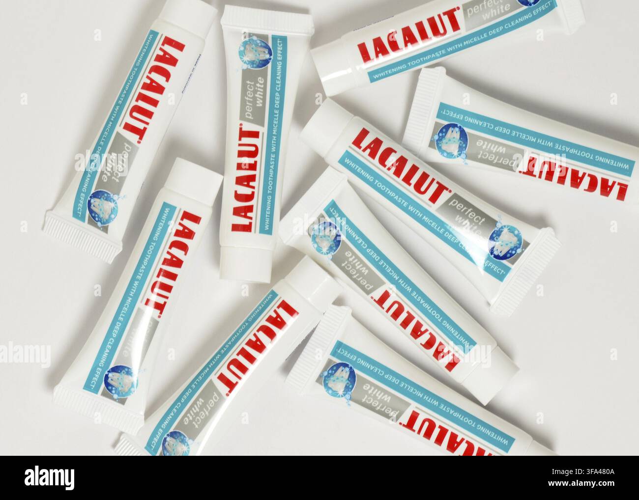 Lacalut toothpaste tubes, top view on white Stock Photo