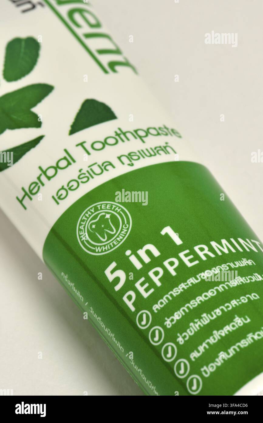 Thai herbal toothpaste, bilingual labeling Stock Photo
