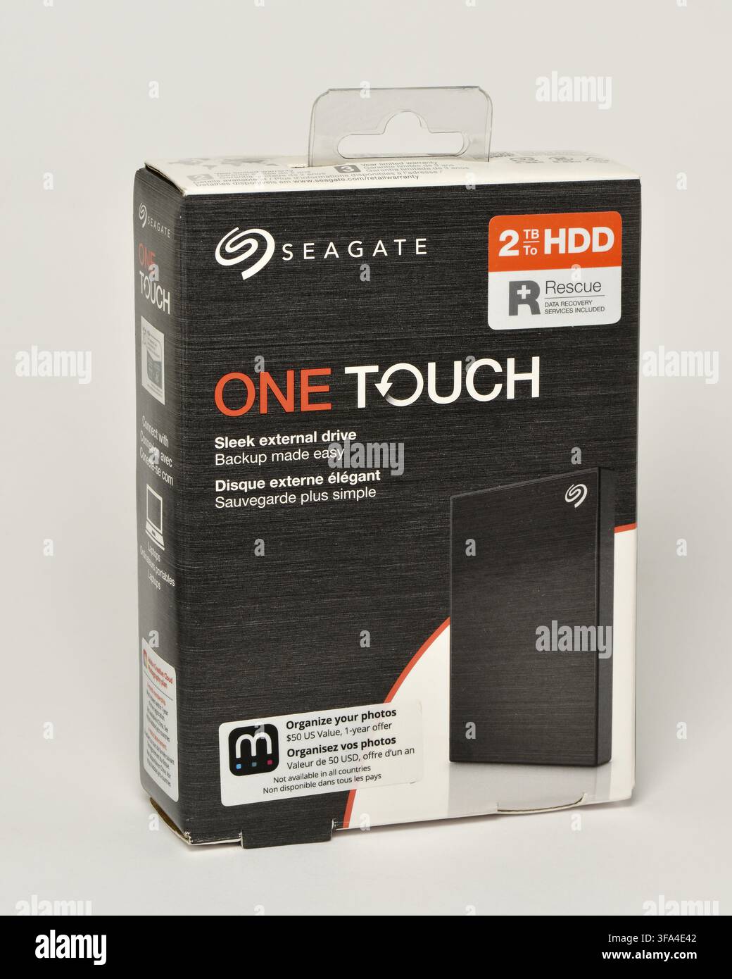 Seagate One Touch 2 TB HDD external drive box packaging on white Stock Photo