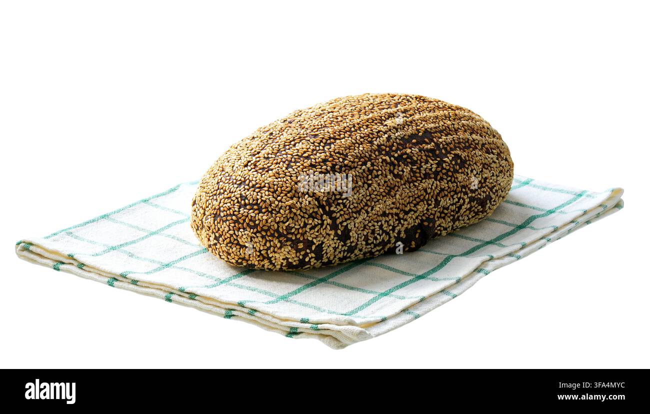 Loaf rye bread made from sourdough with whole grain flour with sunflower seeds and sesame, isolated on white background. Loaf  rye bread , isolated on Stock Photo