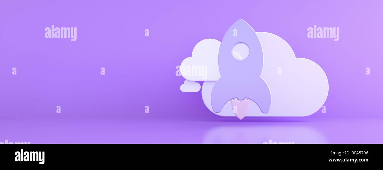 Rocket with cloud over purple background, storage concept, 3d render, panoramic mockup Stock Photo
