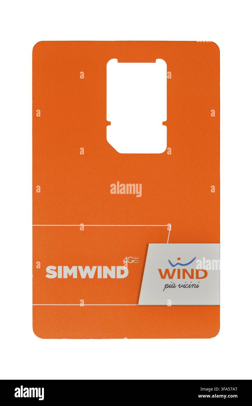 Orange SIMWIND sim card packaging by WIND Telecom Italy isolated on white Stock Photo