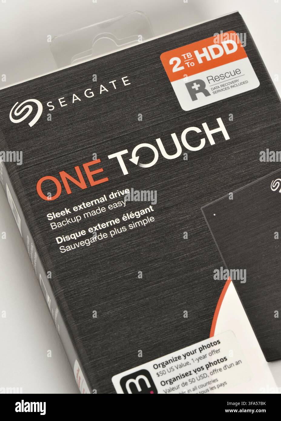 Seagate One Touch 2 TB HDD external drive box packaging Stock Photo