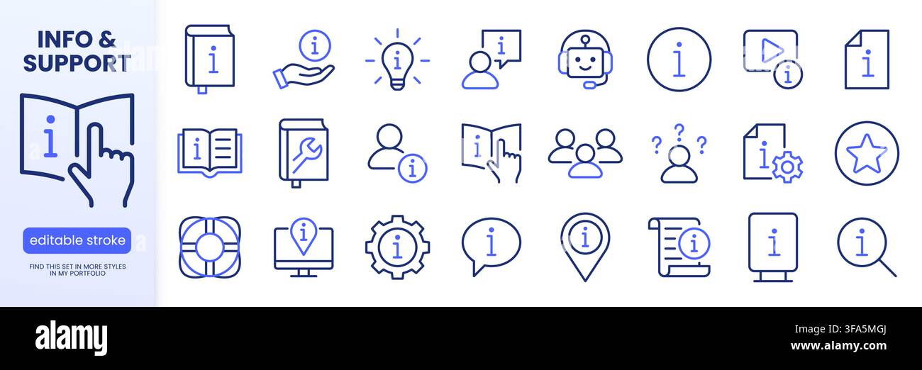 Info customer support line icons set. AI chatbot, tutorial, troubleshooting manual, FAQ, rescue lifebuoy flat minimal vector illustrations. Simple Stock Vector