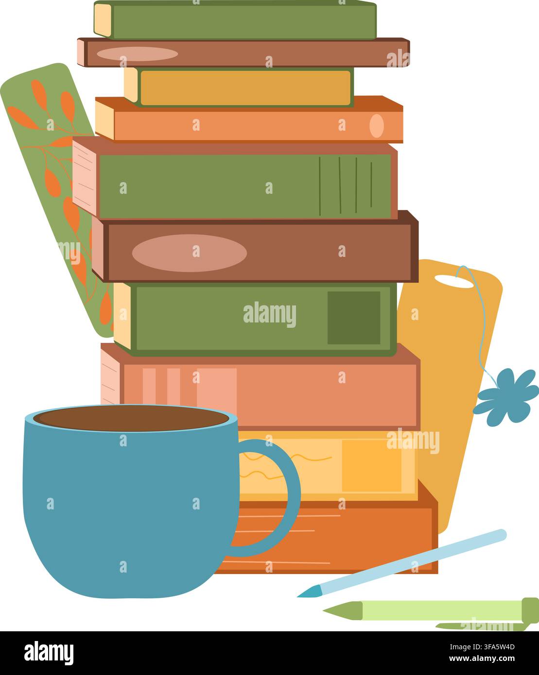 Book stack, tea mug, bookmark and pens clipart collection for reading. Stock Vector