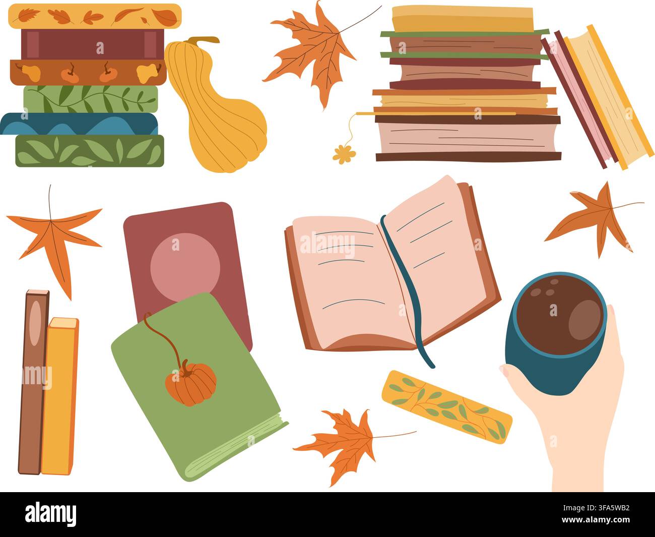 Autumn books, open book, coffee cup, pumpkin, gourd and maple leaves collection Stock Vector