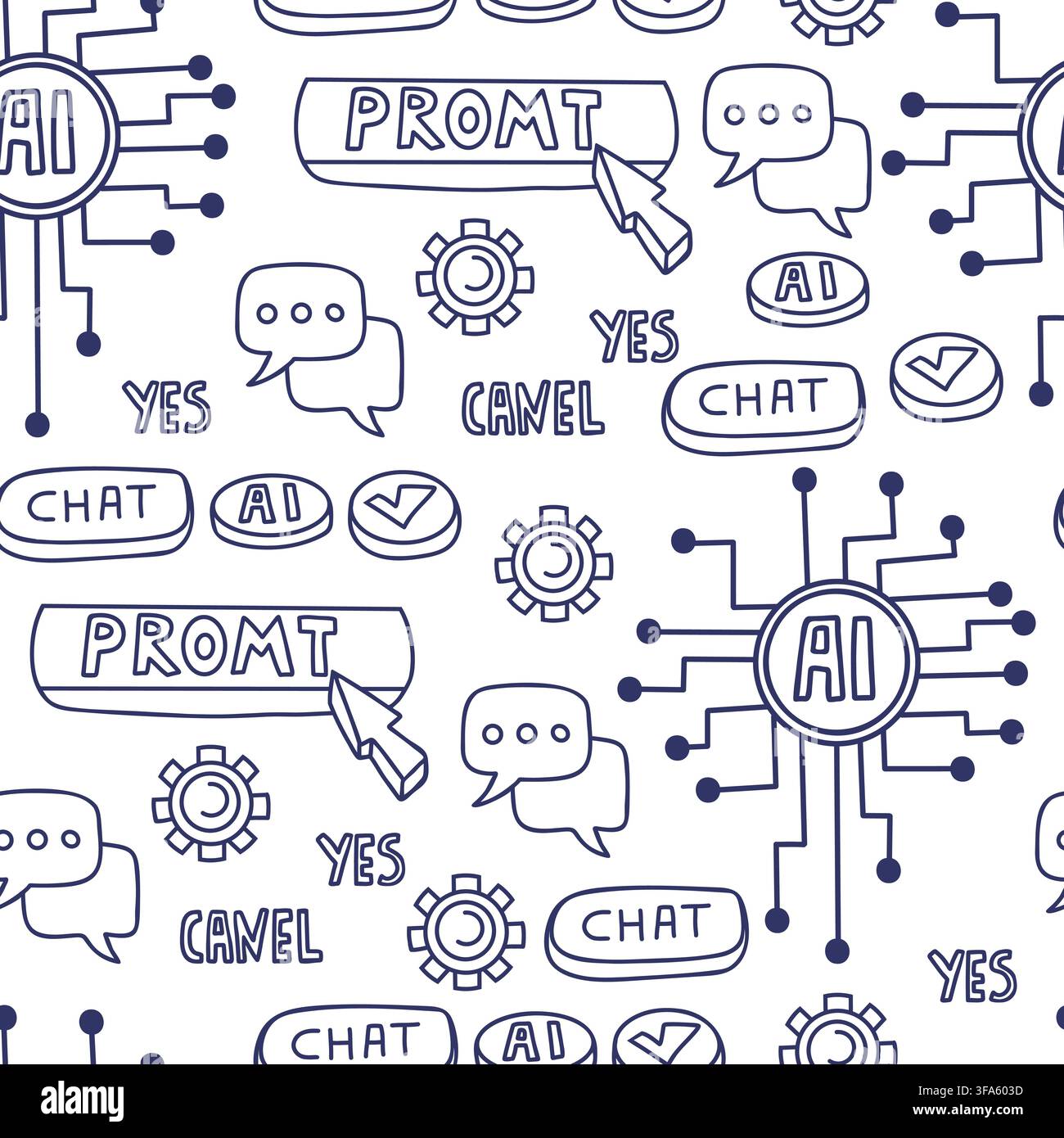 Seamless AI Doodle Pattern With Circuit Chips, Chat Bubbles, Cursor, Gears, Prompt Interfaces, Buttons, Artificial Intelligence And Digital Technology Stock Vector