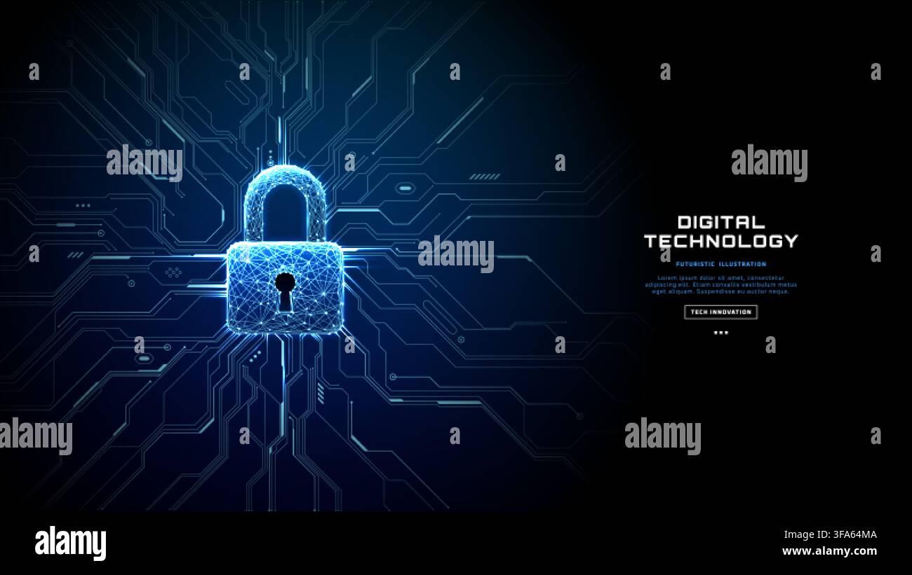 Secure padlock symbol on futuristic circuit texture. Tech background.  Stock Vector