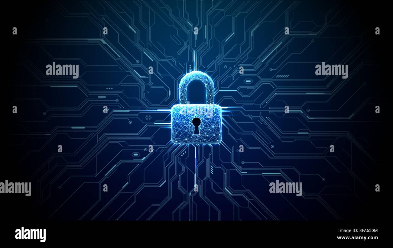 Digital lock icon centered on circuit board with glowing patterns. Stock Vector