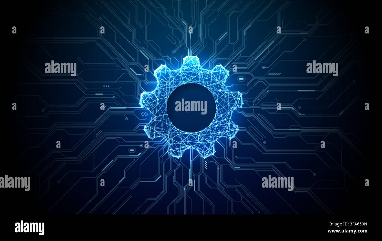 Digital AI Gear on Futuristic Tech Background Stock Vector
