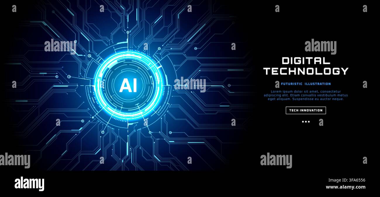 AI technology portal with radial HUD interface and glowing circuit  Stock Vector