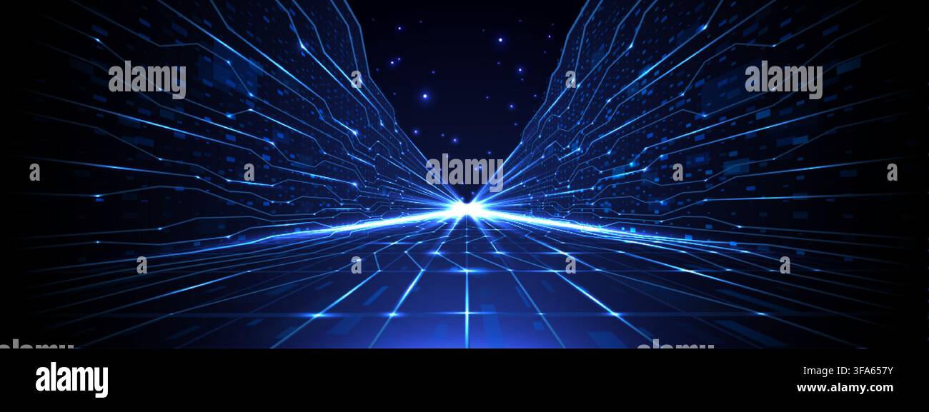 Abstract Blue Tech Background with Digital Light Speed Tunnel Stock Vector