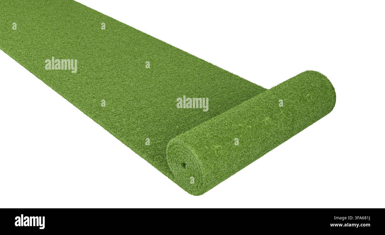 Artificial turf grass roll lying on a transparent background 3d Stock Photo