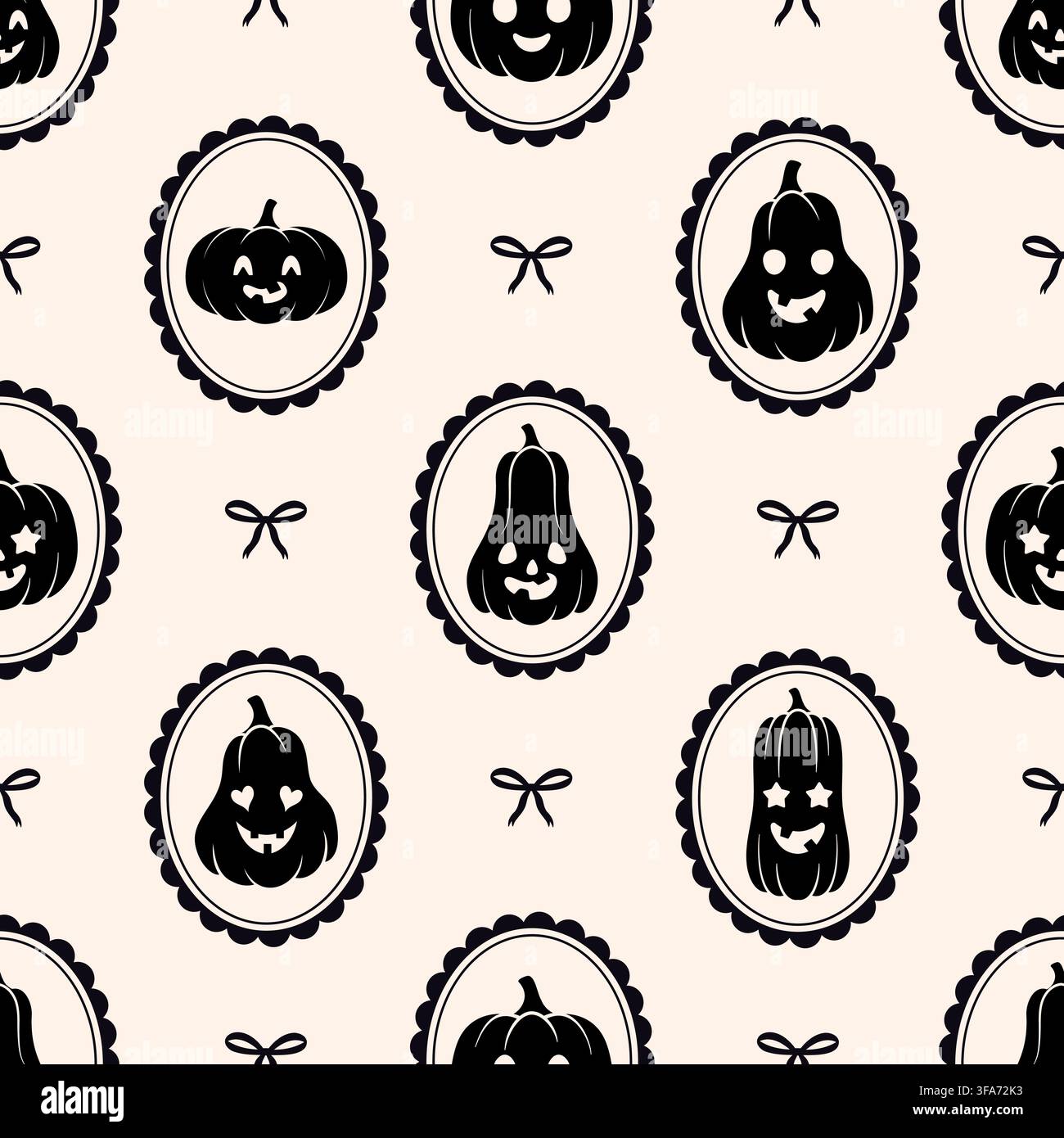 Seamless Halloween pumpkins pattern. Vector repeating background with black jack o lantern frames on cream backdrop. Stock Vector