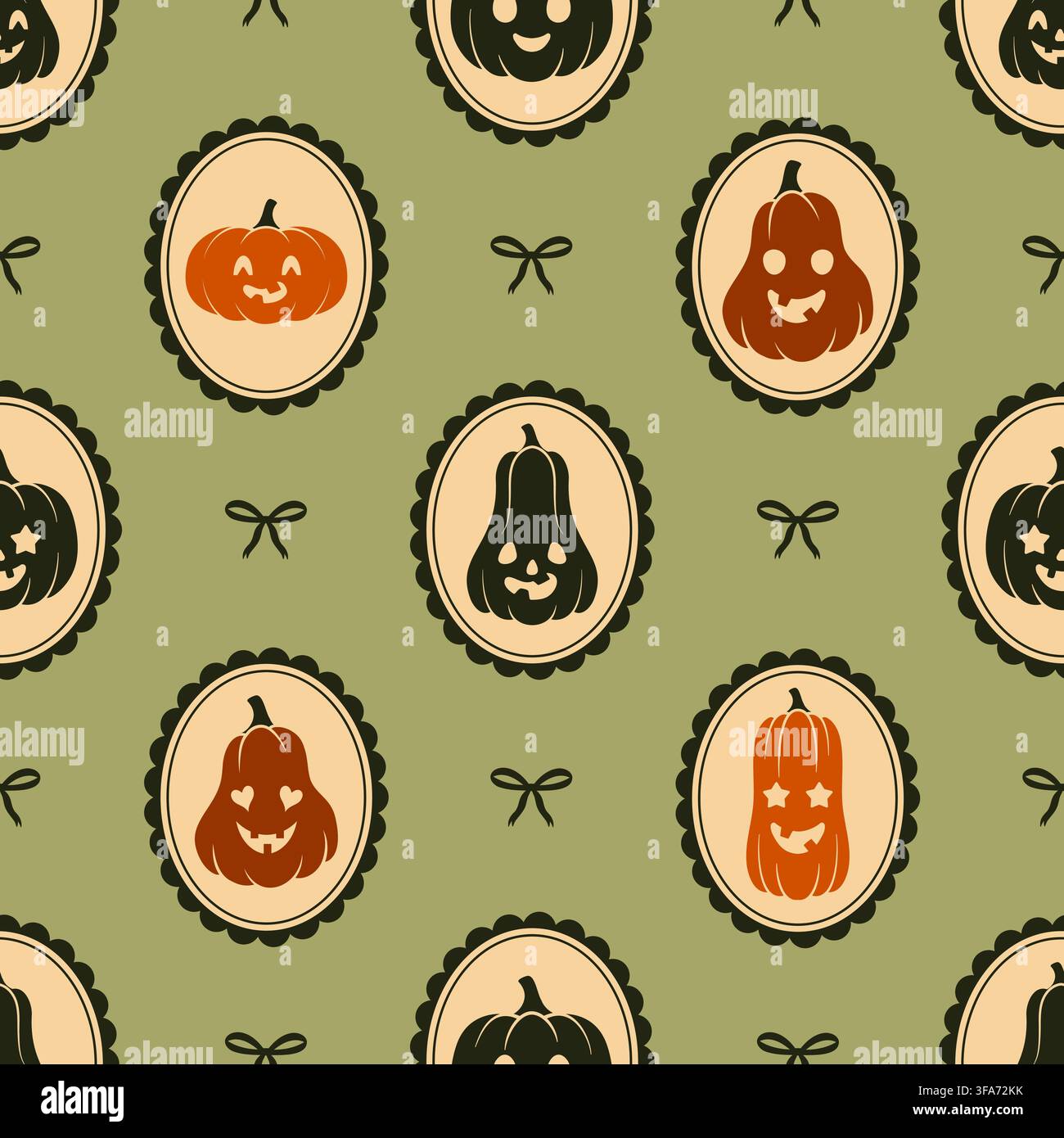 Seamless Halloween pumpkins pattern. Vector background with vintage jack o lantern frames on green backdrop. Stock Vector