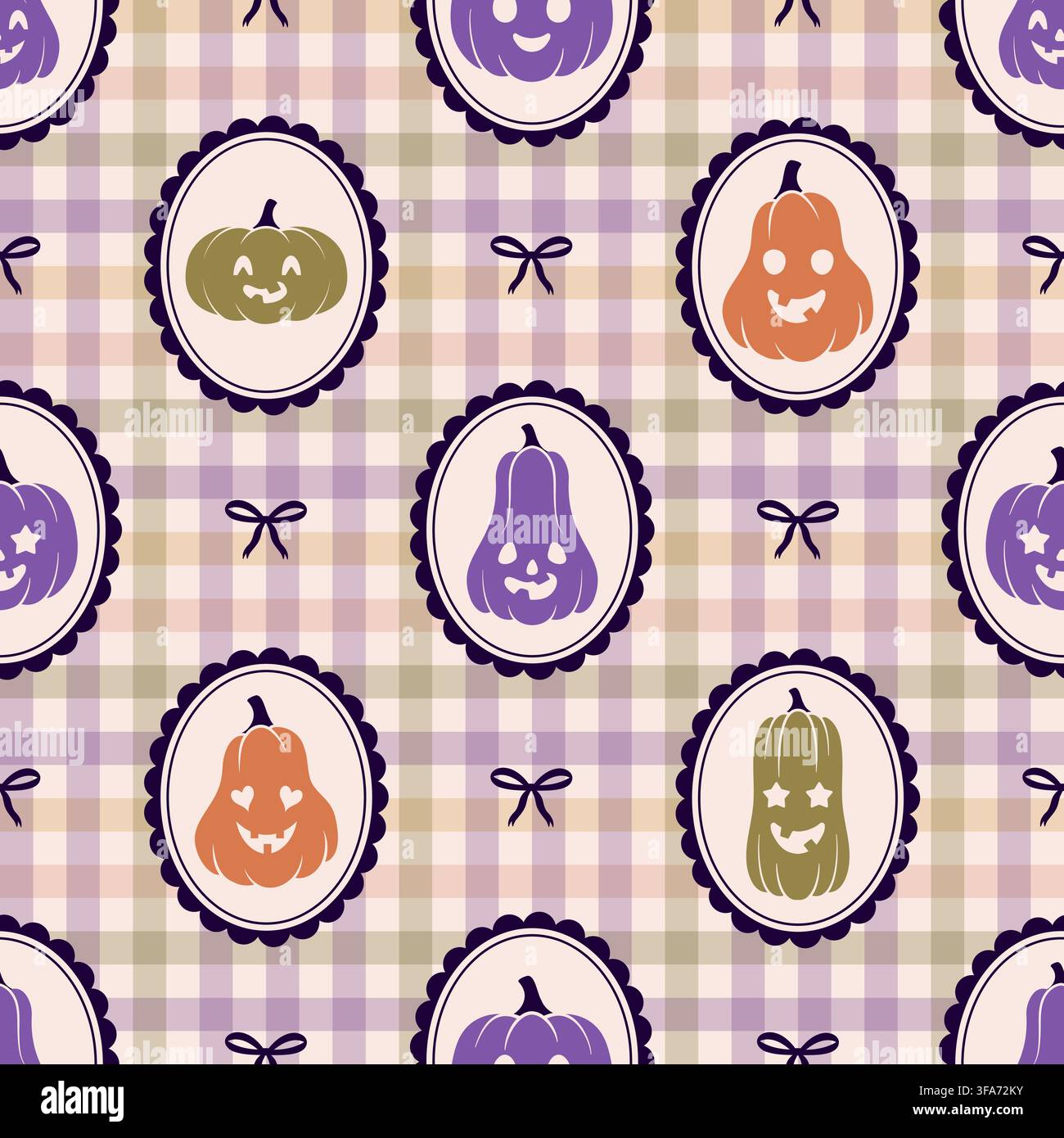 Seamless Halloween pumpkins pattern. Vector repeating background with jack o lantern frames on plaid gingham backdrop. Stock Vector