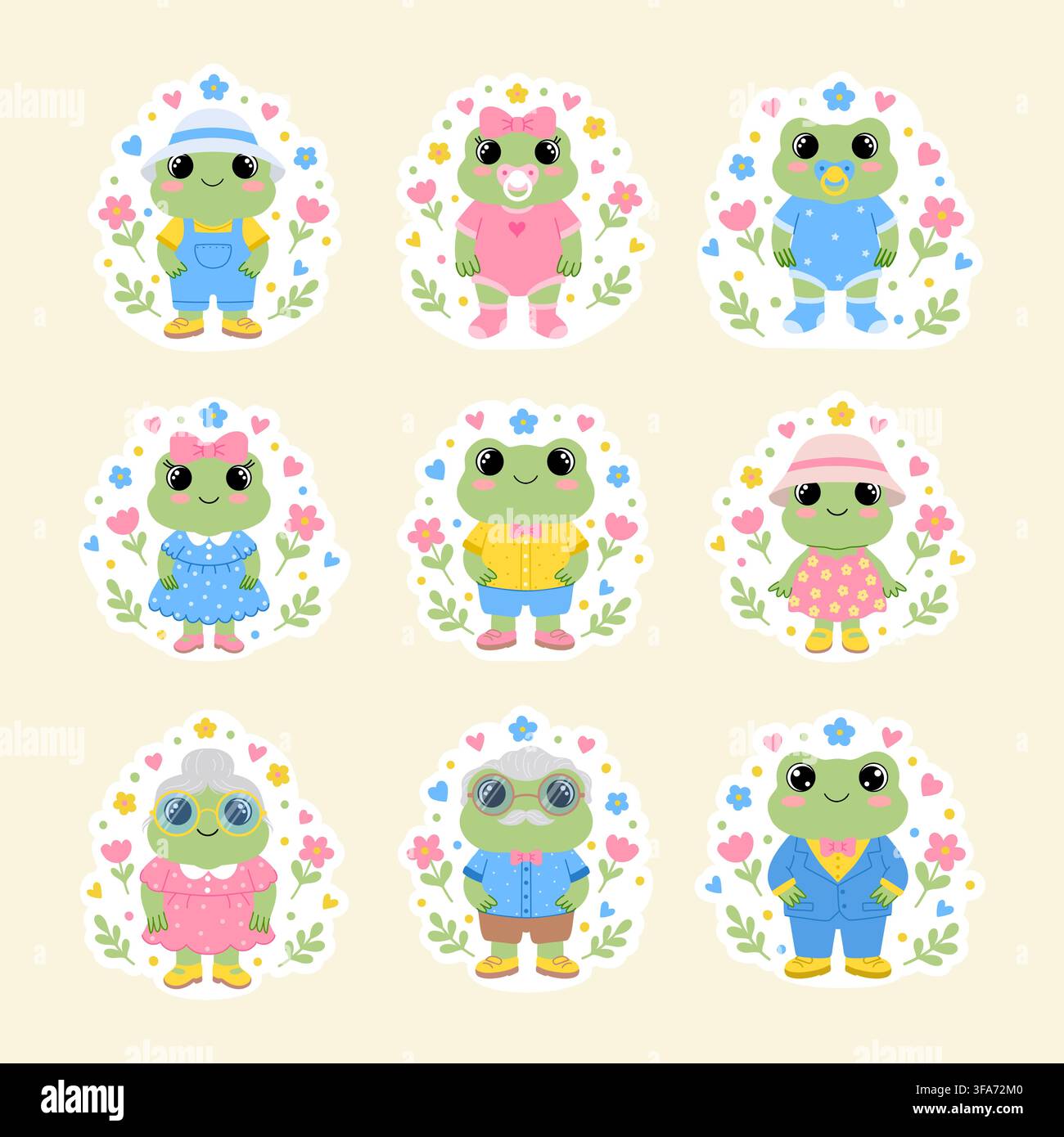 Vector frogs family stickers pack with flowers and hearts. Stock Vector