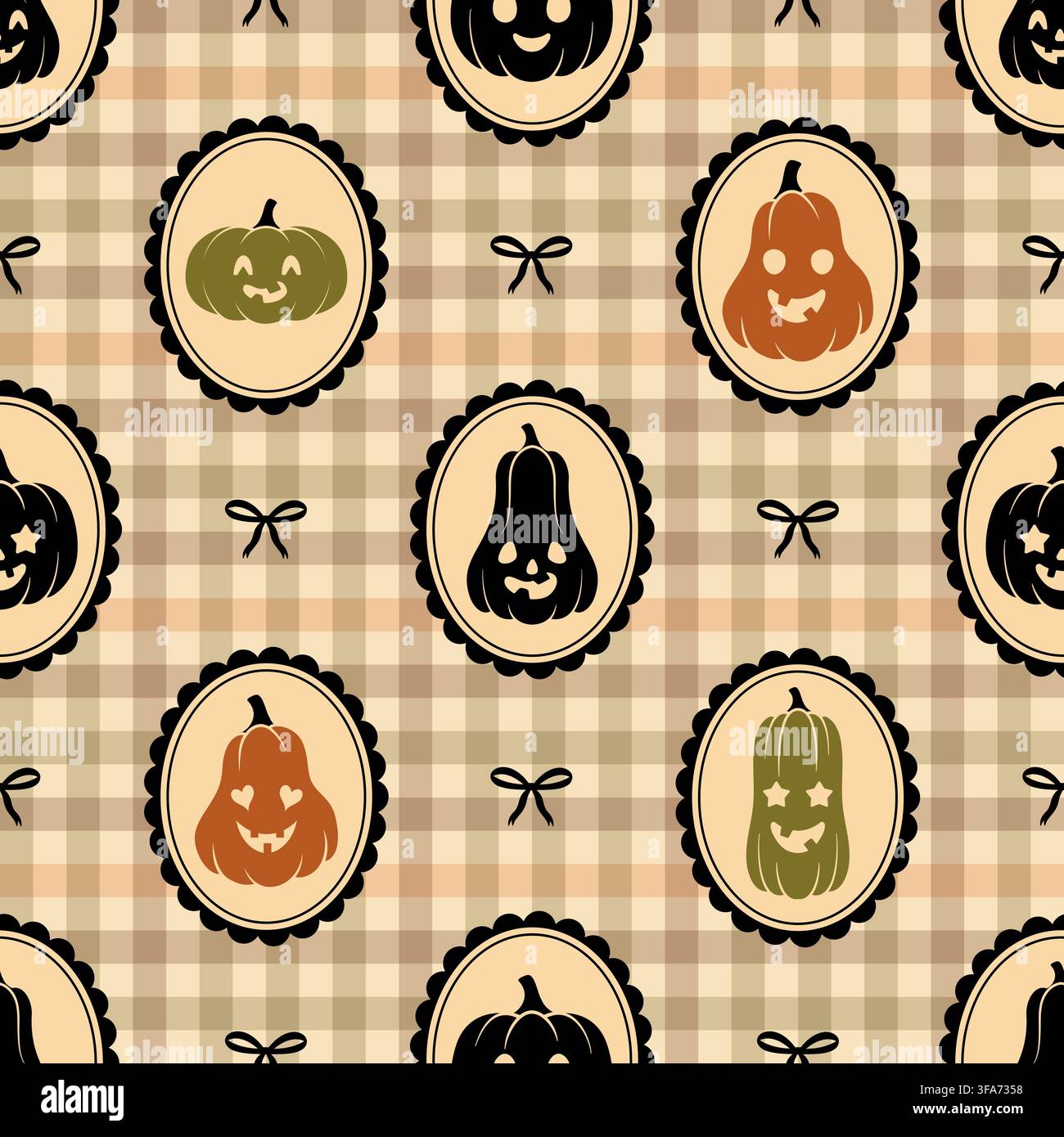 Seamless Halloween pumpkins pattern. Vector background with vintage jack o lantern frames on gingham backdrop. Stock Vector