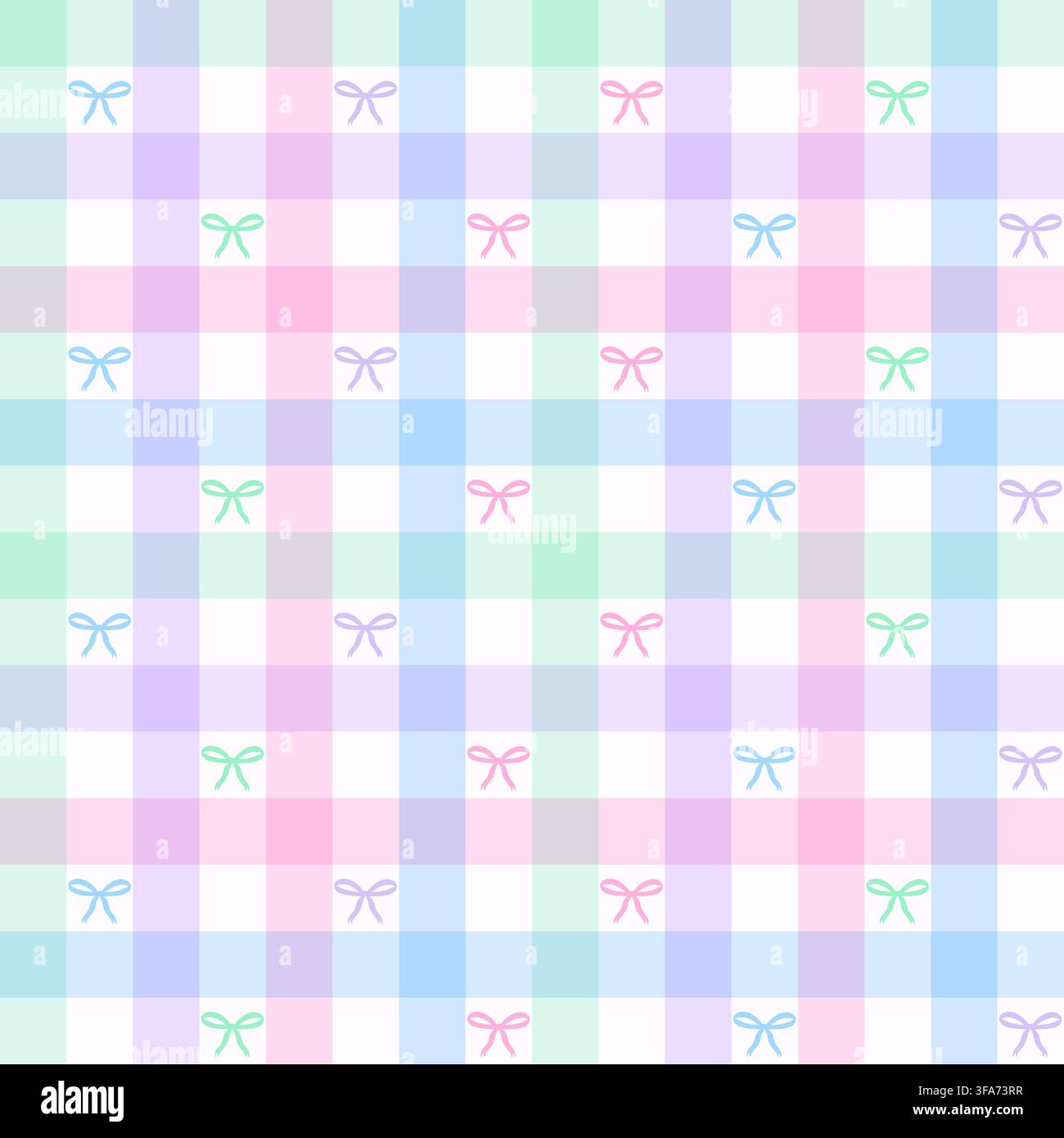 Pastel rainbow gingham seamless pattern with colorful bows. Plaid aesthetic for nursery, spring decor and kids. Stock Vector