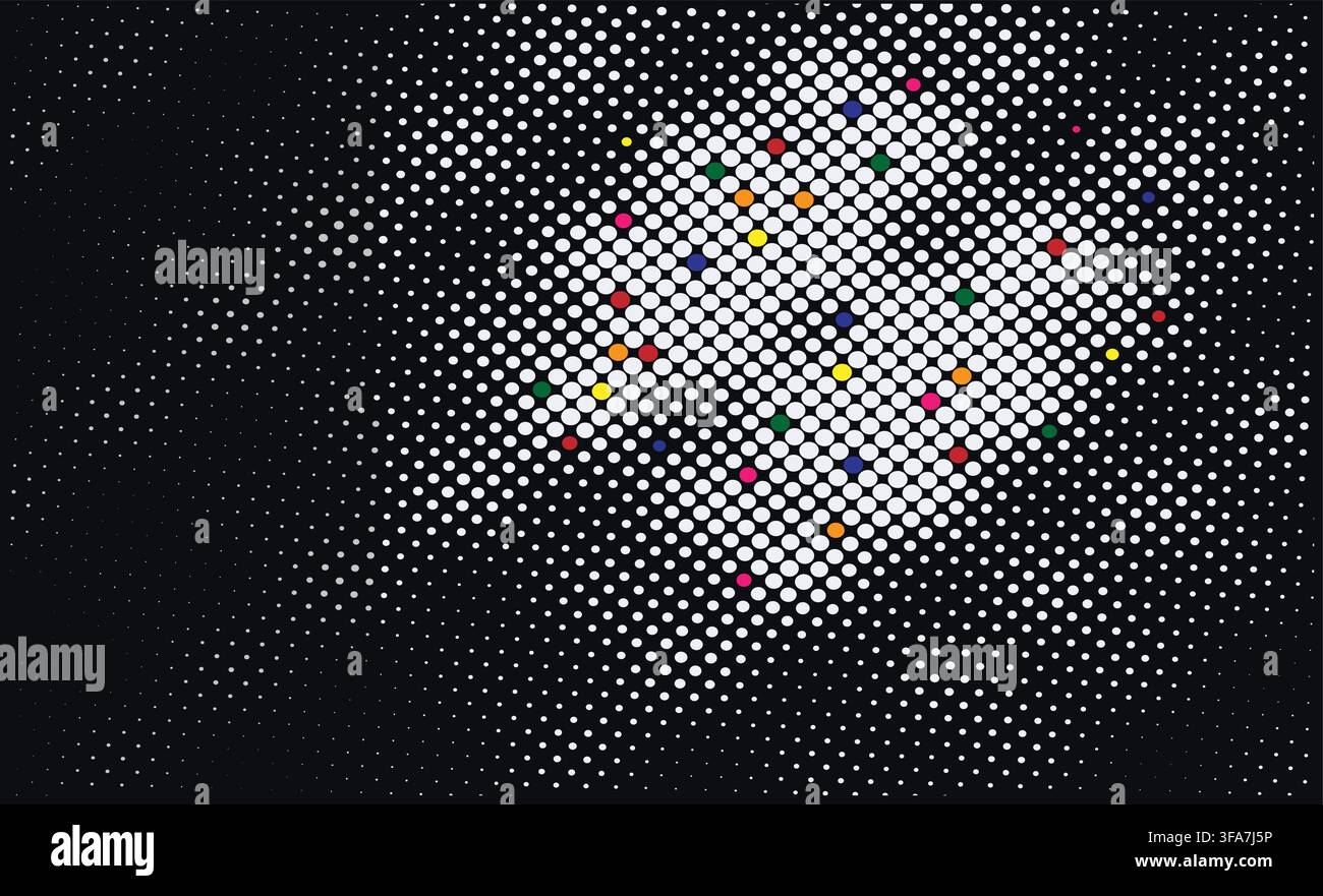 Abstract halftone pattern with colorful dots on black background with dots gradually increase pattern composed white increase size density Stock Vector