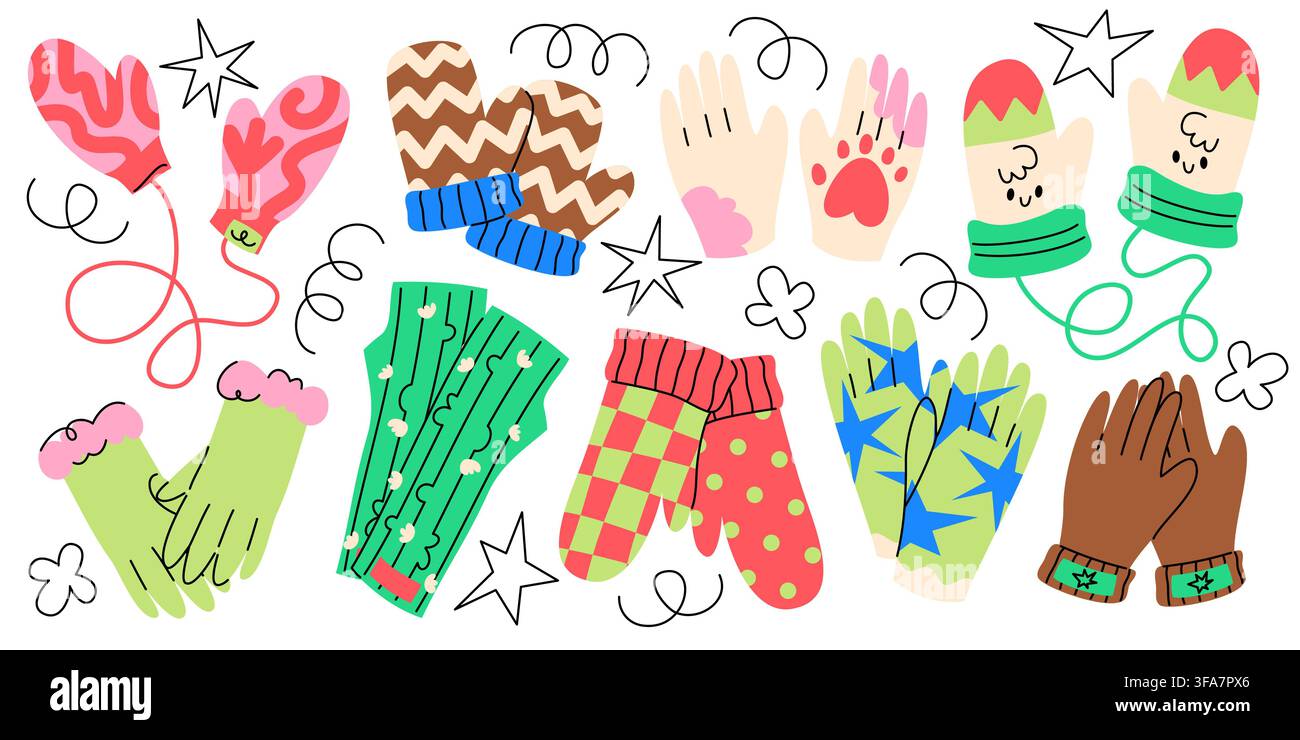 Cute Winter Mittens and Gloves Vector Set Stock Vector