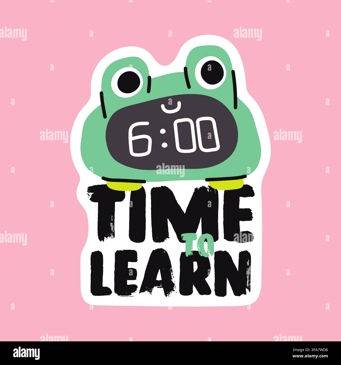 Frog alarm clock doodle vector sticker for back to school planner Stock Vector