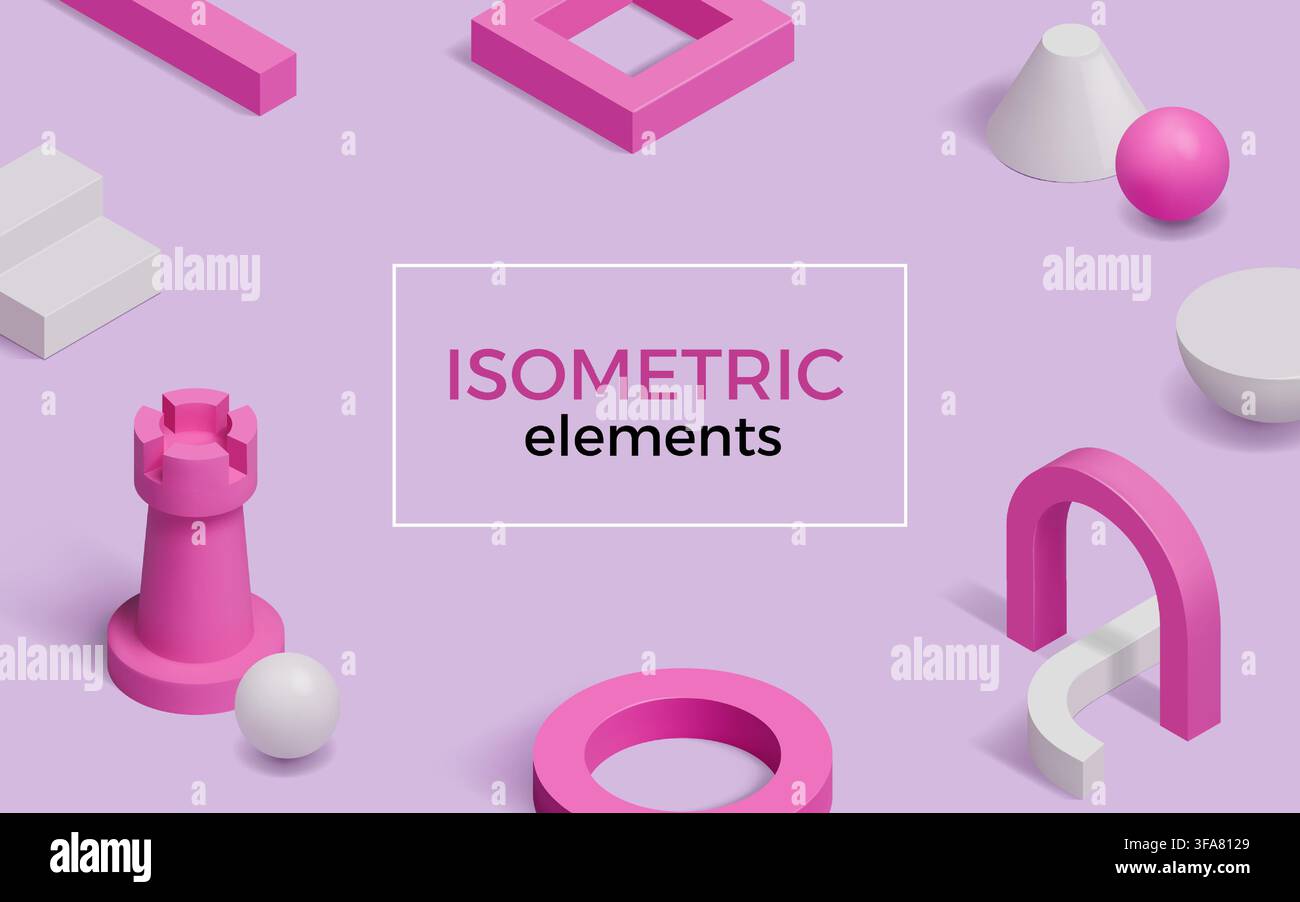 Isometric blocks. 3d cube technology, abstract geometric gradient platform, arch and ball, modern composition. Digital isometry poster. Construction structure. Web banner design. Vector background Stock Vector