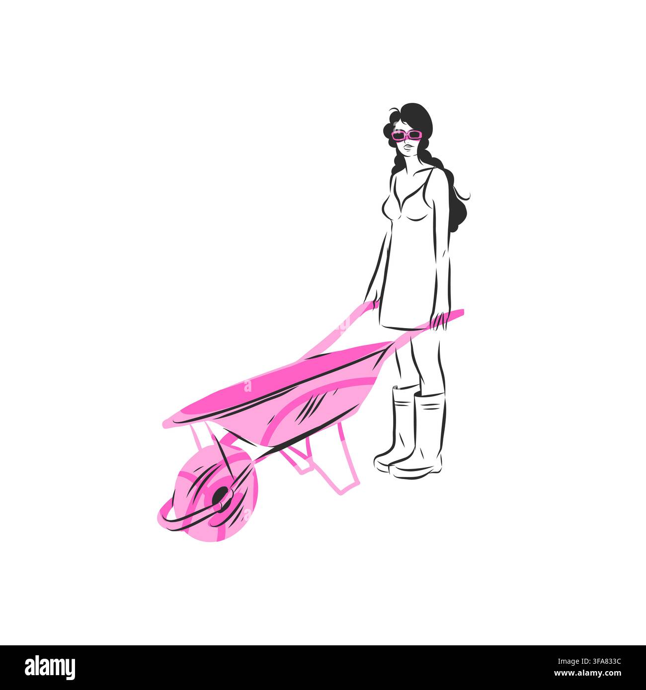 Woman Gardener with Wheelbarrow, Hand Drawn Vector Illustration of Gardening, Landscaping, Garden Maintenance and Outdoor Work Isolated on White Stock Vector
