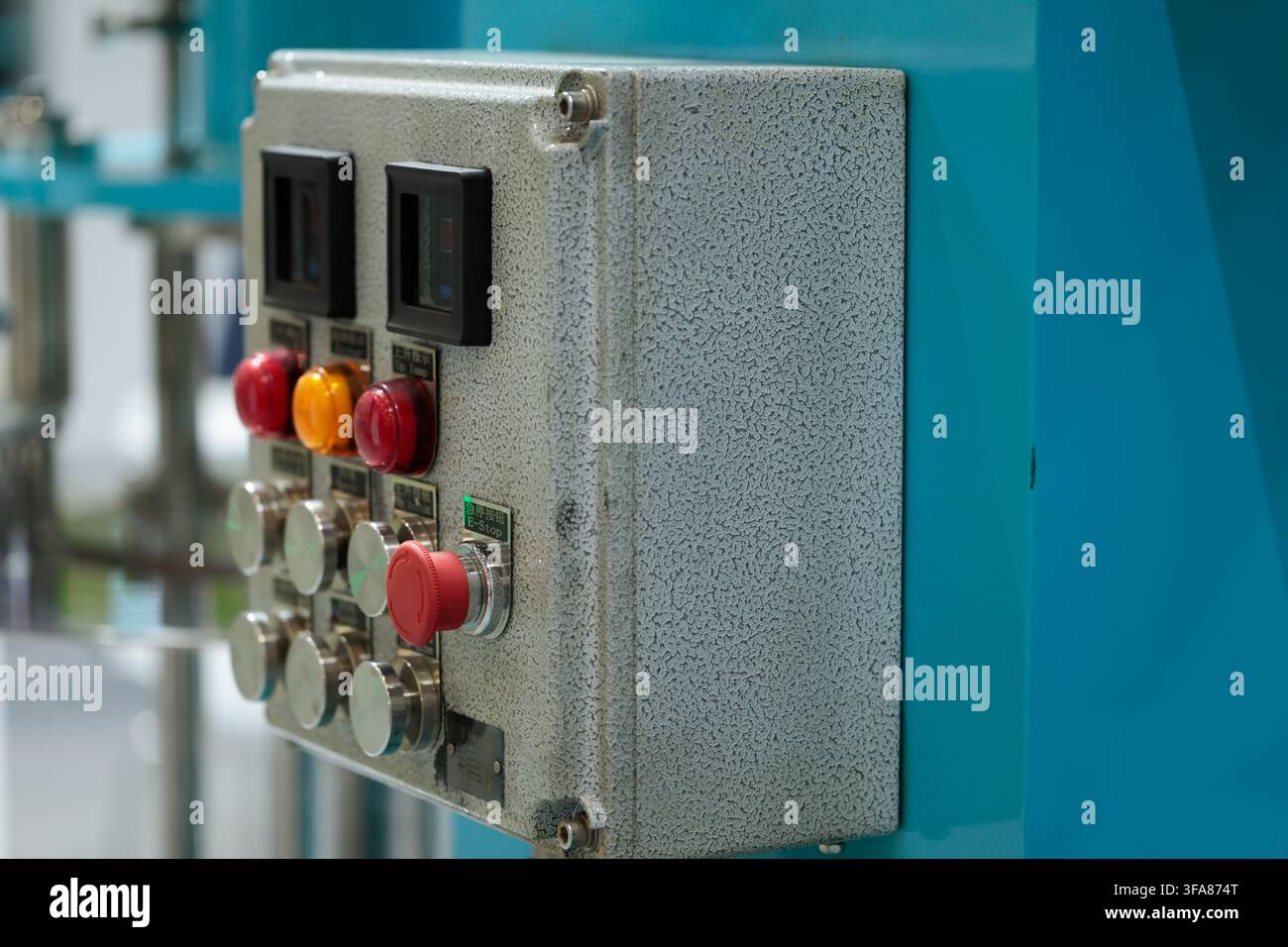 Steel explosion proof industrial control panel. Selective focus. Stock Photo