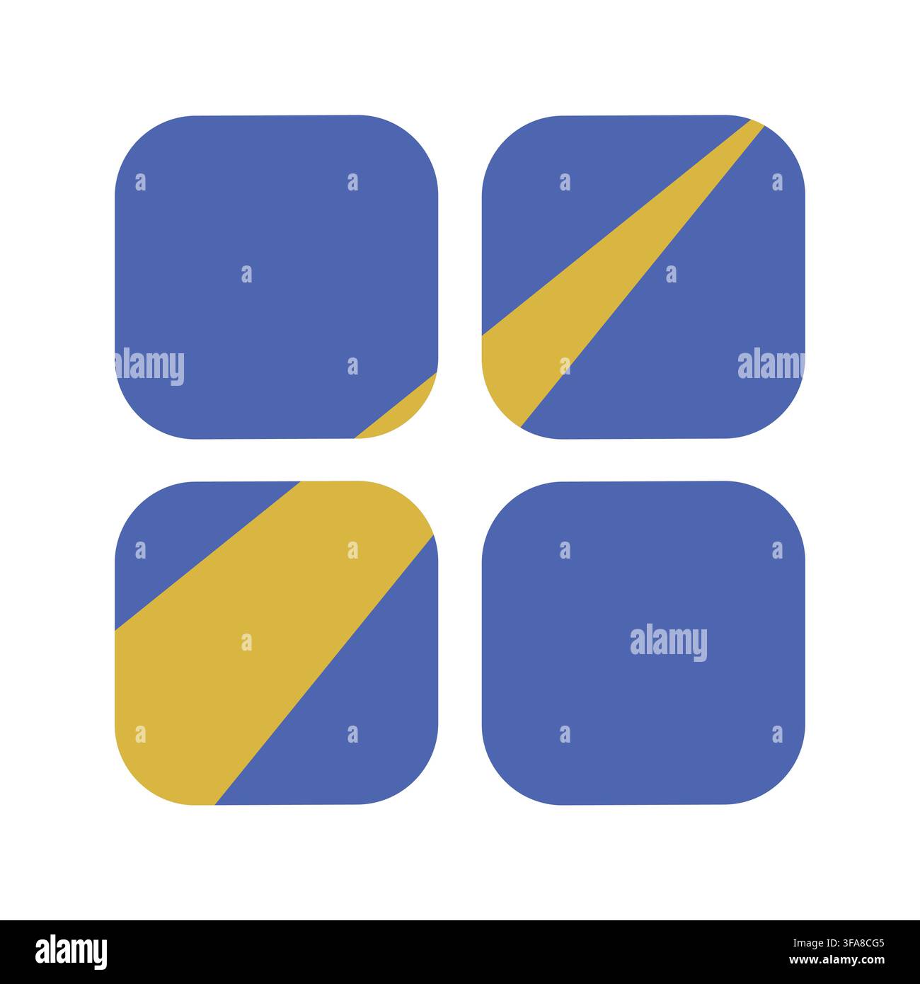 Four rounded square blocks in blue with a continuous yellow diagonal stripe running through them. Stock Vector