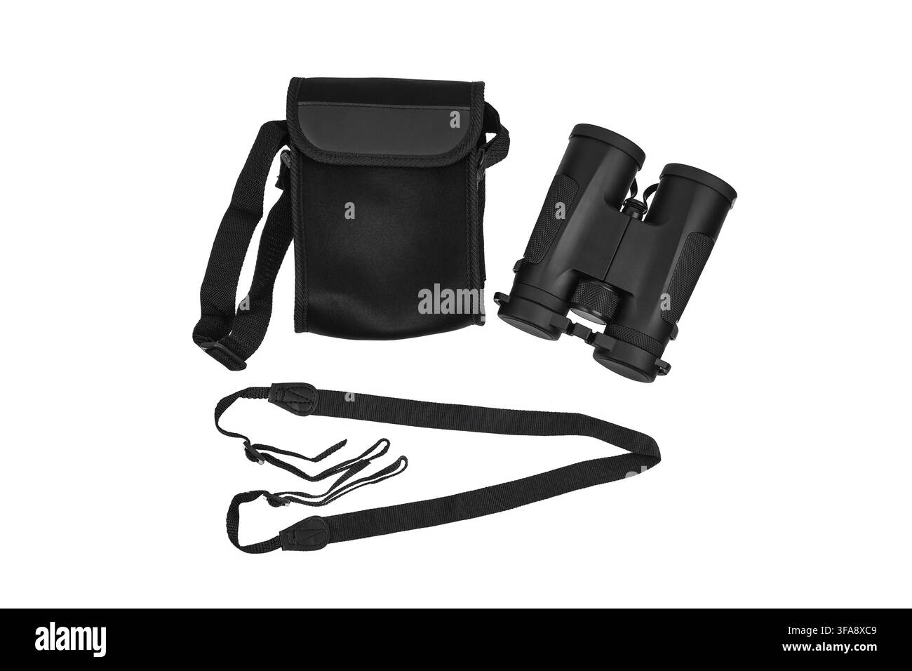 Black modern binoculars with case and strap isolated on white background. Stock Photo