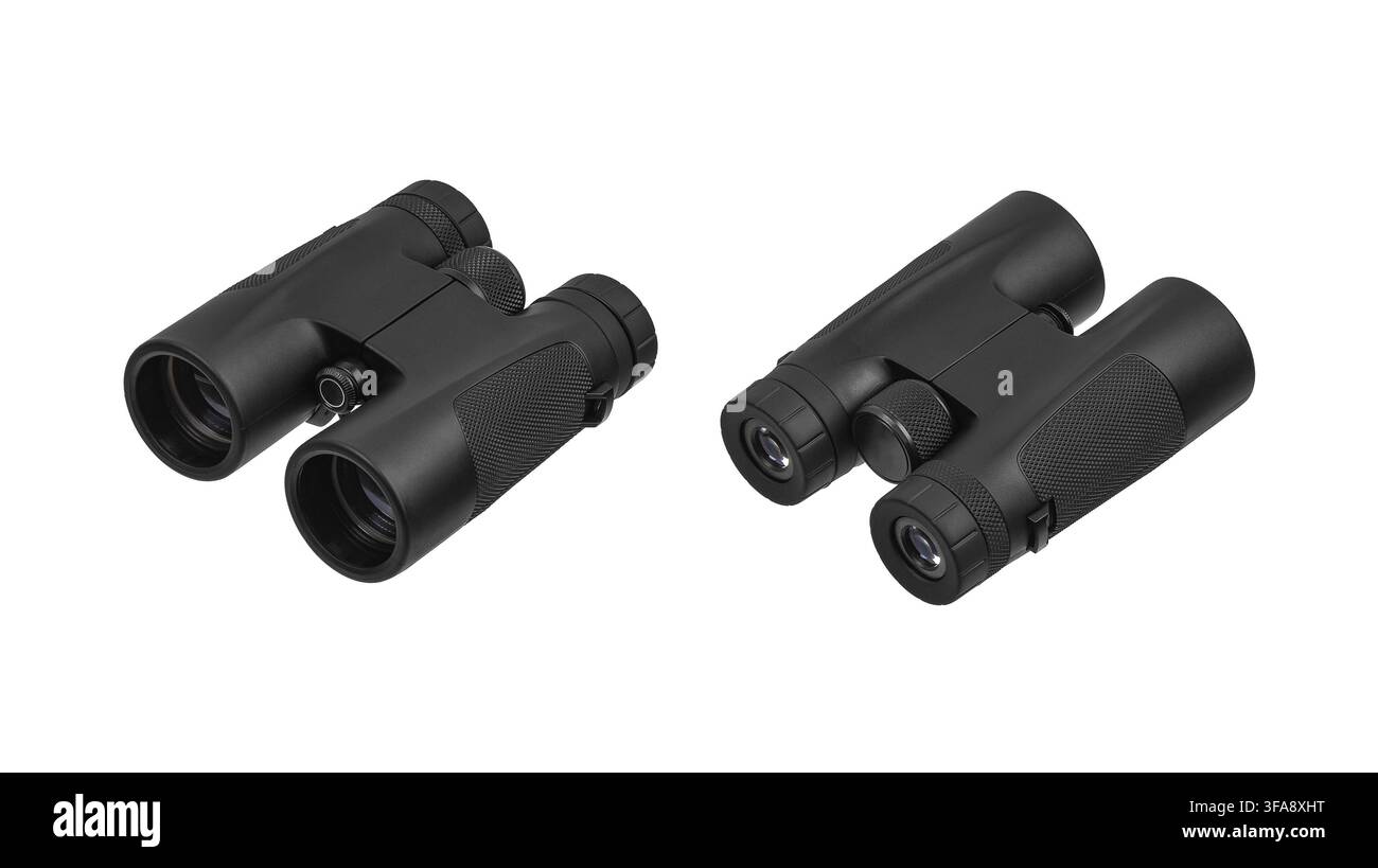 Two black compact binoculars isolated on white background. Stock Photo