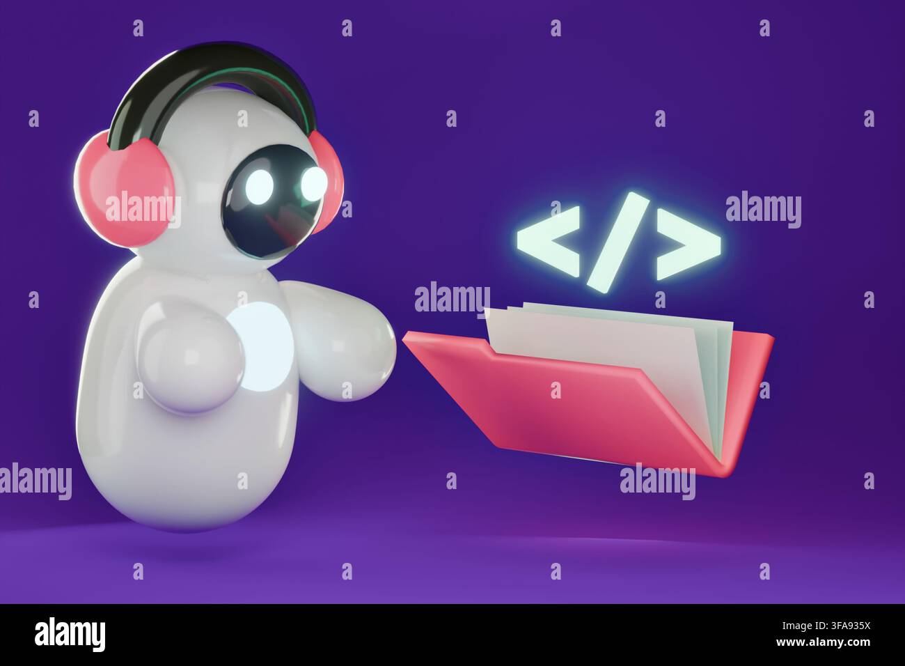 3D AI coding concept, cute glossy plastic robot assistant generating glowing code html tags on purple background Stock Photo