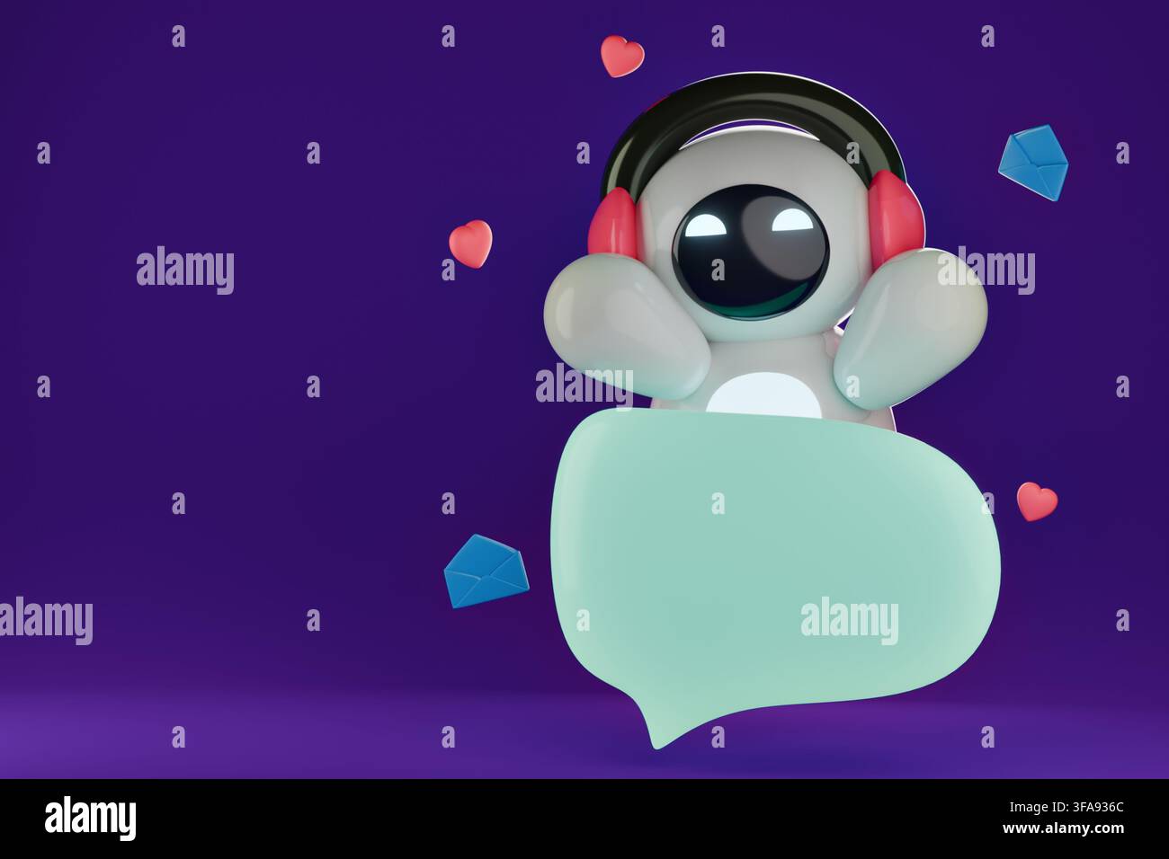 3D AI customer support web banner, cute glossy plastic robot assistant with blue blank speech bubble and notification chat icons on purple background Stock Photo
