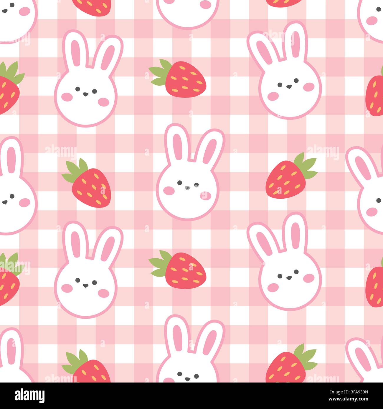 Checkered pattern with cute rabbits and strawberries Stock Vector