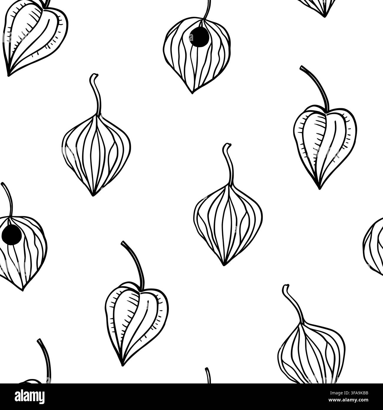 Seamless pattern with physalis lanterns, gold winter cherry. Hand-drawn vector line illustration Stock Vector