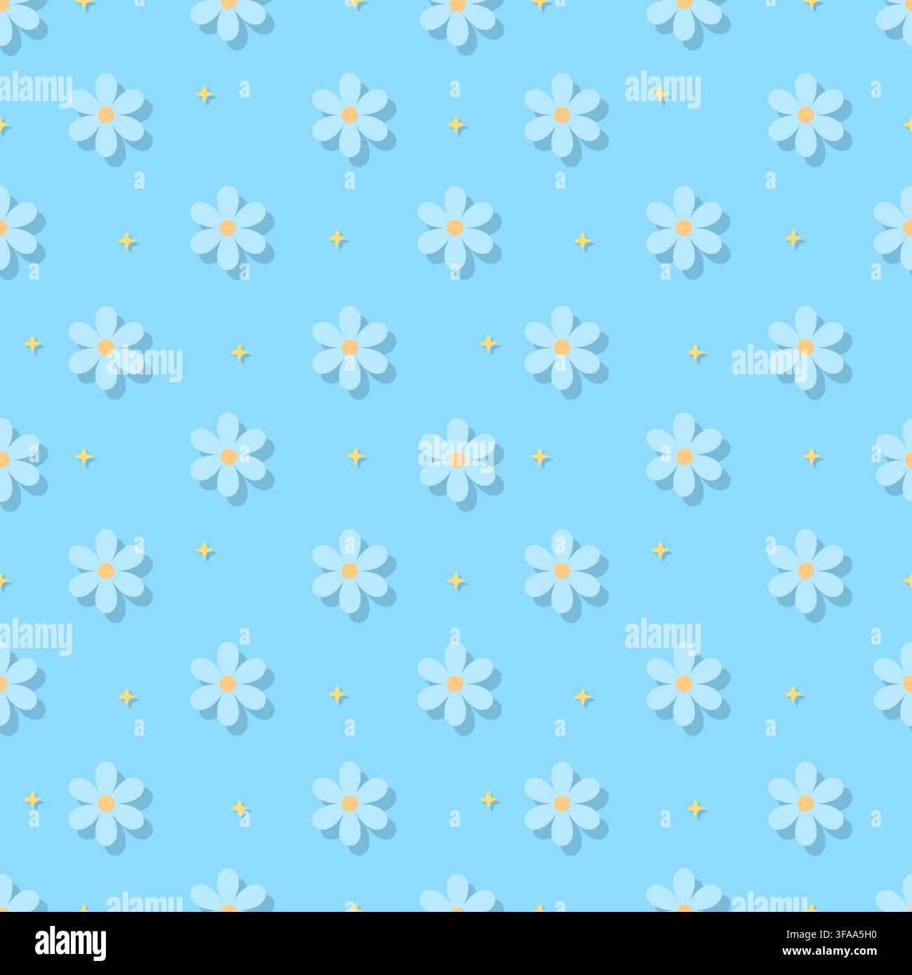 Calm blue floral seamless pattern featuring simple flower blossoms with subtle shadow effect. Perfect for baby boy nursery decor, summer fashion, gift Stock Vector