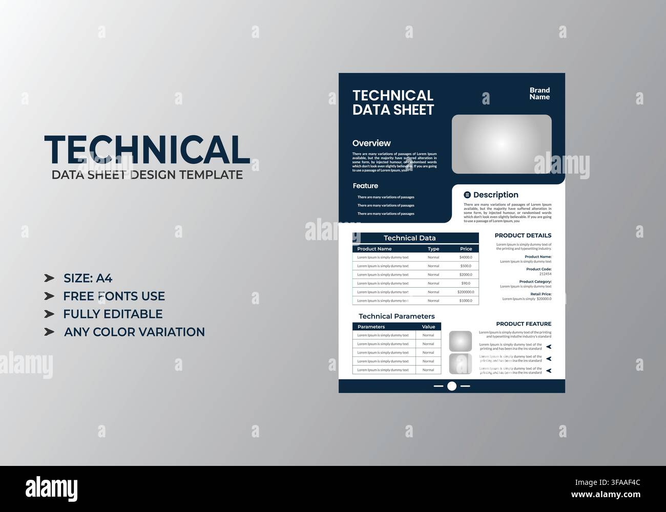 Technical Data Sheet Design Template with Navy Blue Corporate Layout Stock Vector