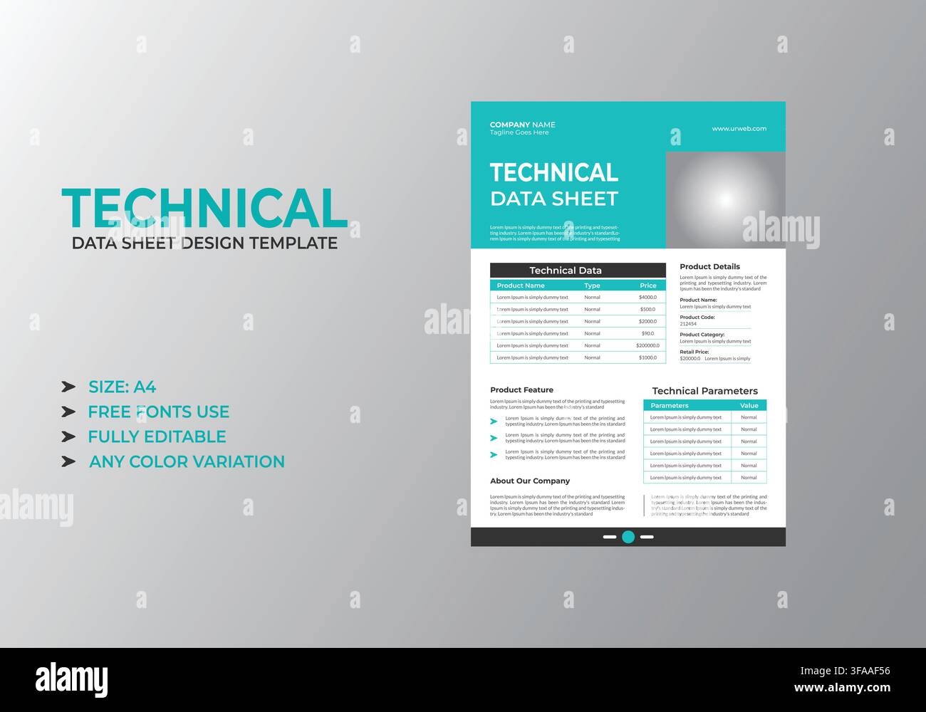 Professional Turquoise Technical Data Sheet Corporate Template Stock Vector