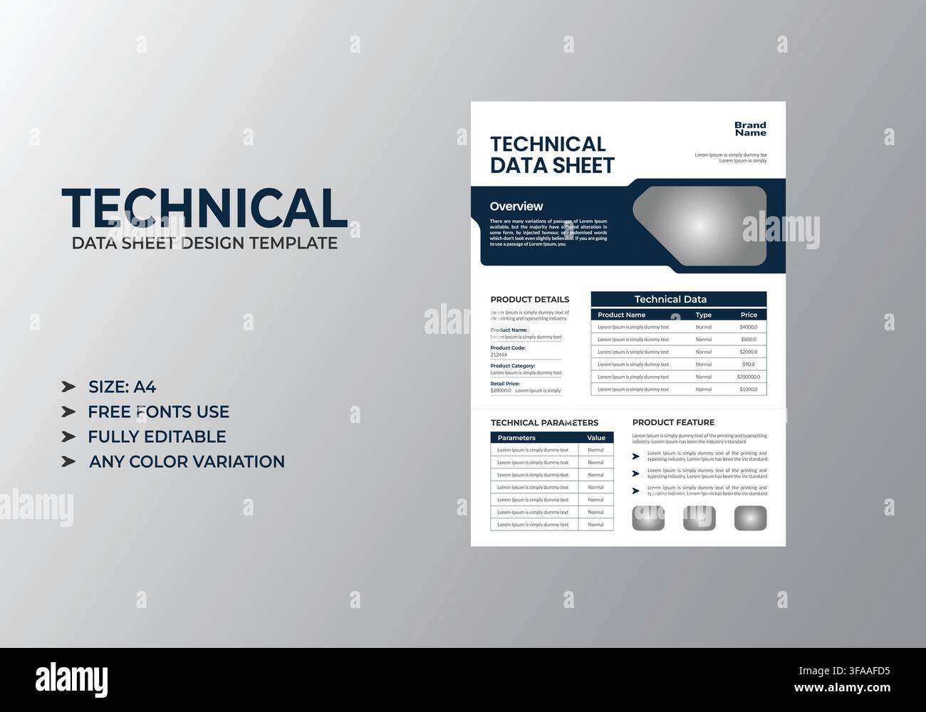 Clean White Technical Data Sheet Template with Product Information Stock Vector
