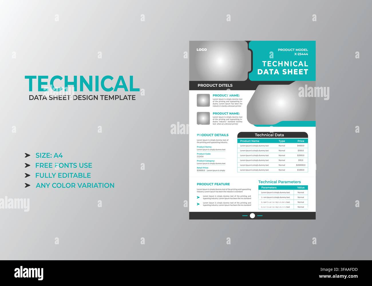 Turquoise and Dark Gray Technical Data Sheet Template Stock Vector