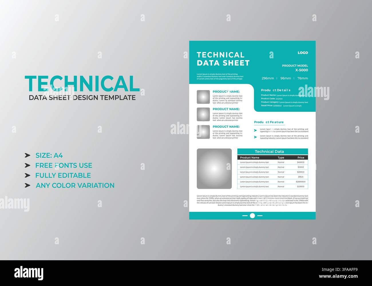 Turquoise Technical Data Sheet Design Template for Product Specifications Stock Vector